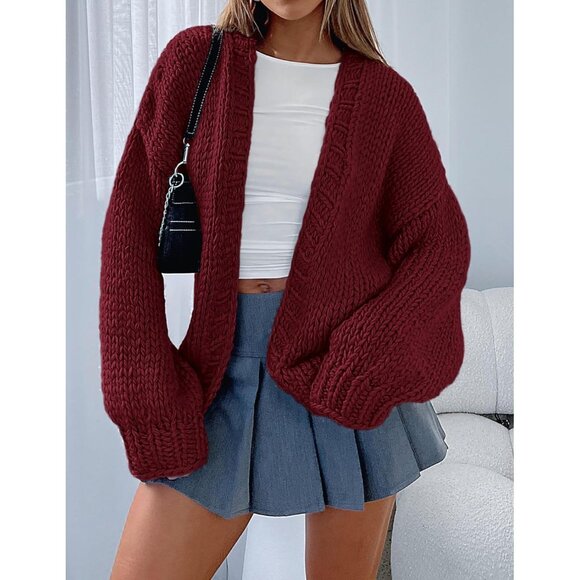 Womens Trendy Cardigan Sweaters Wine Red Long Sleeve Chunky Knit Outfits - Picture 7 of 8